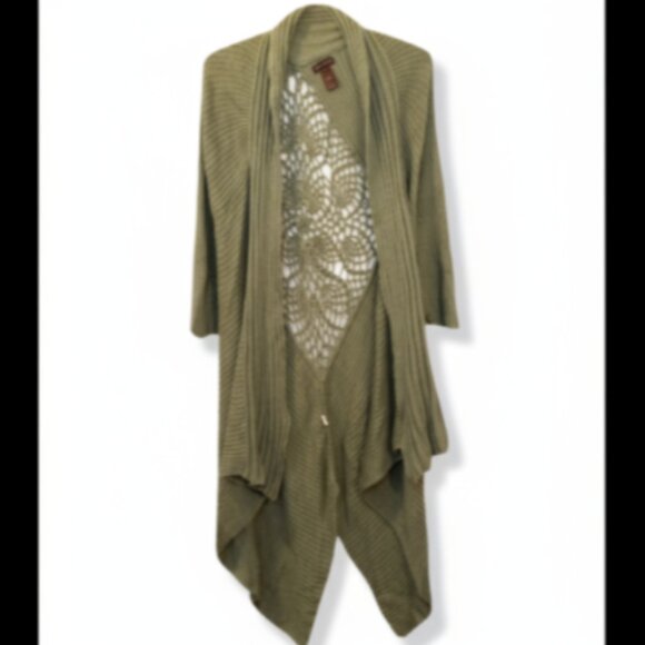 Multiples Women’s XL Olive Ribbed Midi Cardigan Crochet Back Shawl Collar EUC - Picture 1 of 13